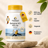 Betaine HCl 650 mg kapsler i hvit beholder med gulttopp, merket vegansk, produsert i Tyskland med 120 kapsler.