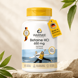 Betaine HCl 650 mg kapsler i en hvit beholder med gult lokk, etikett med detaljer om produkt og opprinnelse.