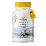 Kapselbeholder med gult lokk, merket "Betaine HCI 650 mg", inneholder 120 veganske kapsler.
