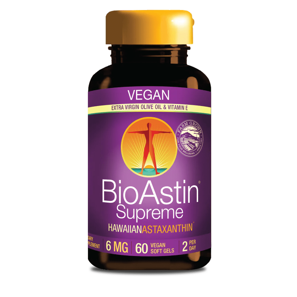 BioAstin Supreme kosttilskudd med 6 mg astaxantin i en svart flaske, vegansk og glutenfri, inneholder 60 softgels.