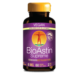 BioAstin Supreme kosttilskudd med 6 mg astaxantin i en svart flaske, vegansk og glutenfri, inneholder 60 softgels.