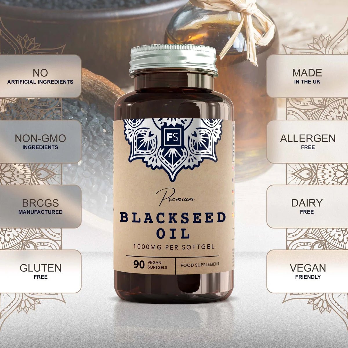 Premium Blackseed Oil med 1000 mg svartfrøolje i en praktisk beholder med veganske kapsler, allergenfri og glutenfri.