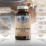 Premium Blackseed Oil med 1000 mg svartfrøolje i en praktisk beholder med veganske kapsler, allergenfri og glutenfri.
