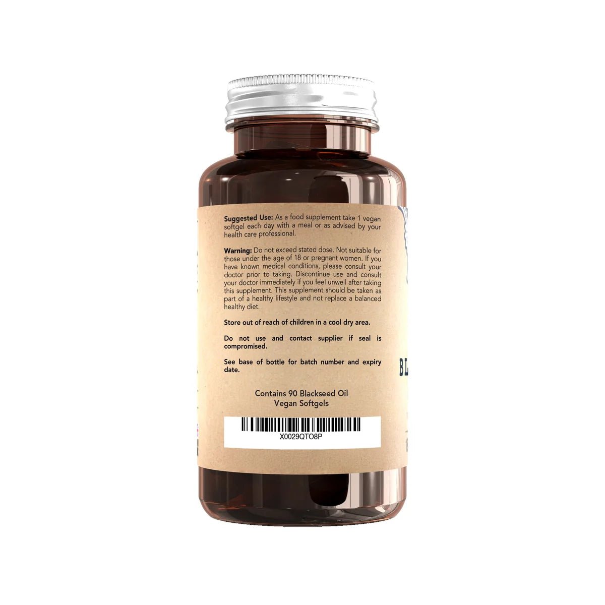 Brune plastflaske med etikett som viser "Blackseed Oil", inneholder 90 veganske mykkapsler.