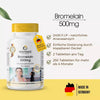 Bromelain 500 mg kosttilskudd i hvit flaske med gult lokk, inneholder 250 veganske tabletter med ananasenzym.