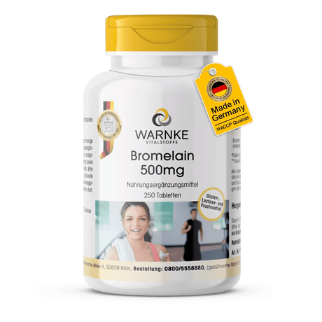 Bromelain 500 mg kosttilskudd, 250 tabletter, vegansk med hvit flaske og gult lokk, tydelig etikett med produktinformasjon.