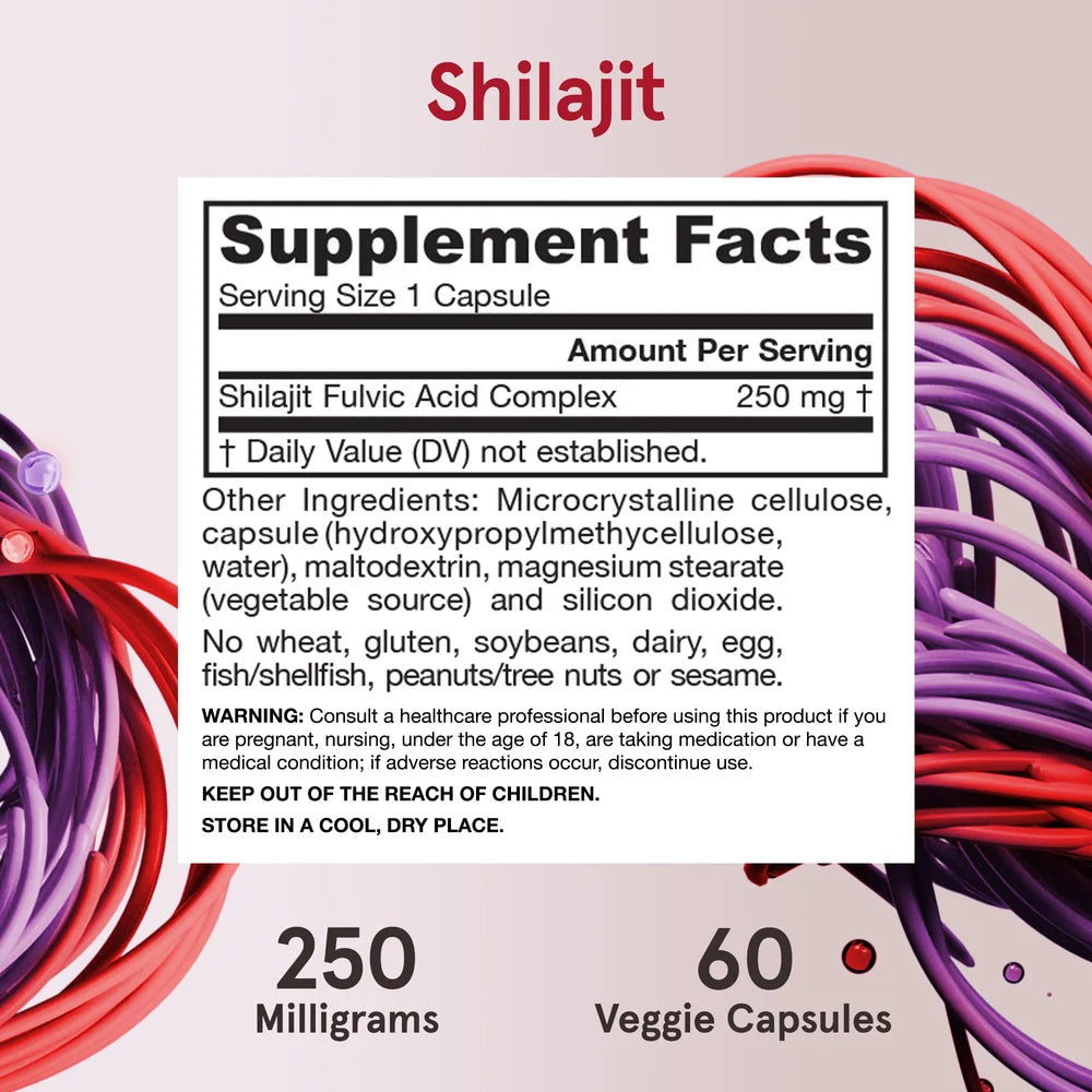Shilajit Fulvic Acid Complex-kapsler i en hvit flaske med svart etikett og beskrivelse, på fargerik bakgrunn.