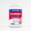 Kapselbeholder med 42 hvite kapsler. Merket "Candidase® Extra Strength" i rød og blå med botaniske motiver.