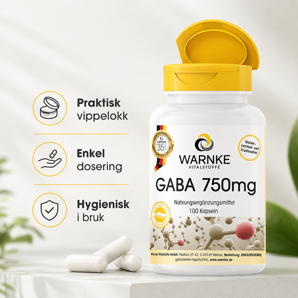 Praktisk beholder med gult vippelokk, inneholder 100 veganske kapsler med GABA 750 mg, hvite kapsler foran.