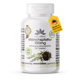 Munkpepper 100 mg kosttilskudd i hvit beholder med grønn etikett, inneholder 120 lettsvelgelige tabletter.