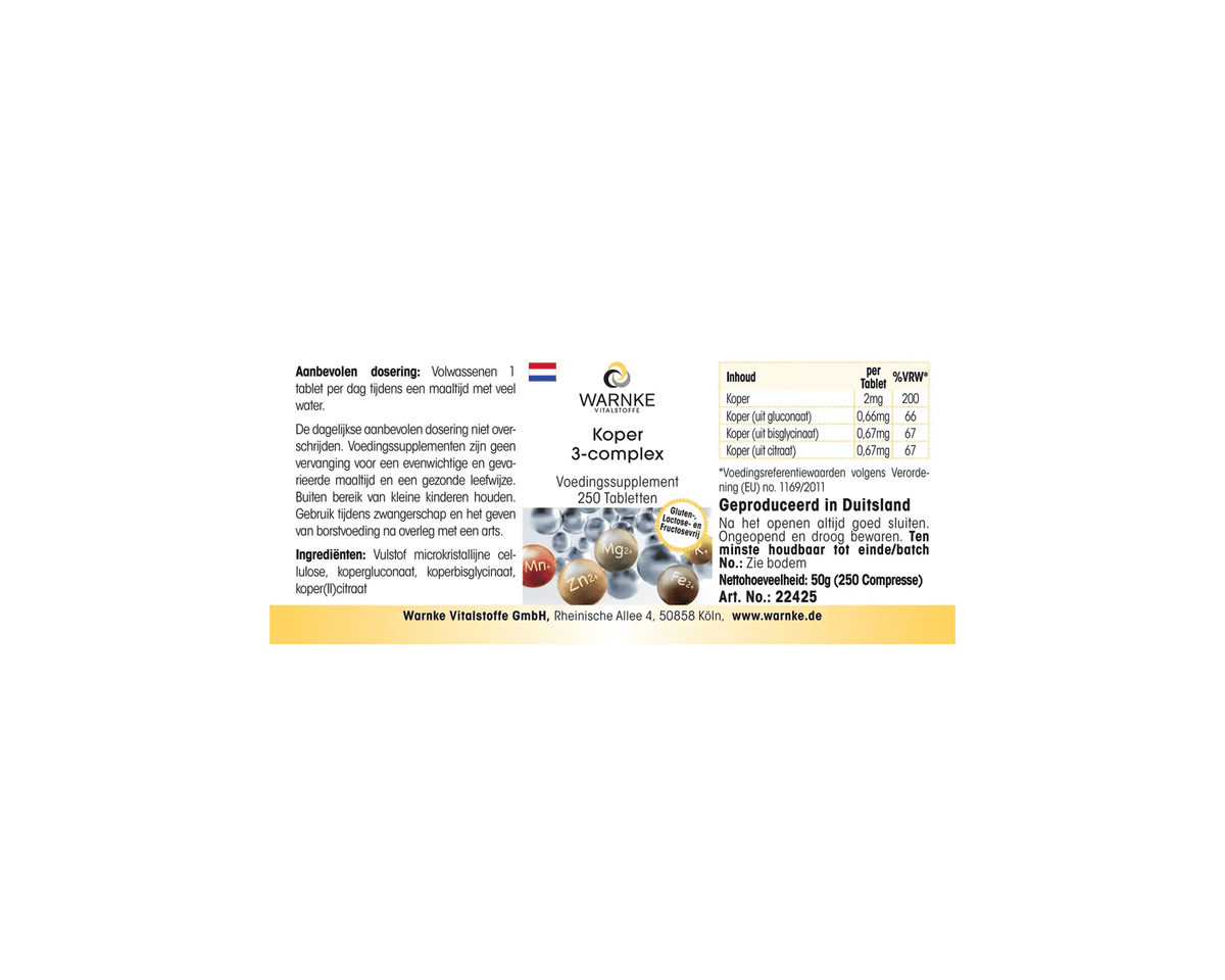 Kobber 3-kompleks tabletter i en pakke med 250. Tablettene har tre kobberformer og er veganske, uten tilsetningsstoffer.