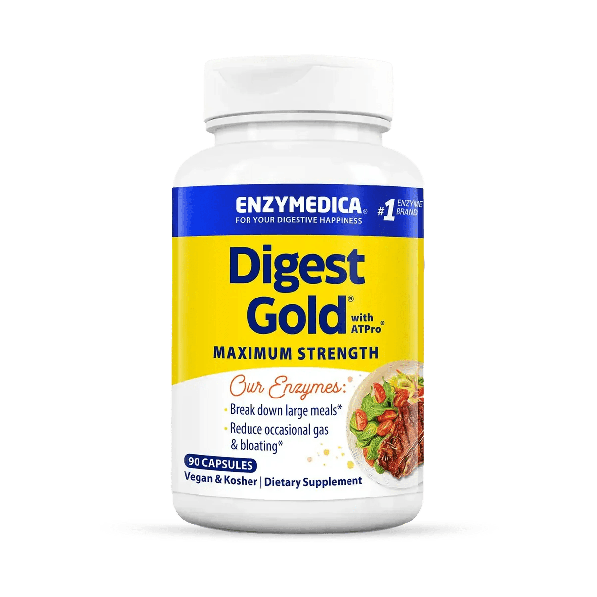 Digest Gold® med ATPro® i en hvit beholder, gult og blått design, inneholder 90 vegetabilske kapsler.