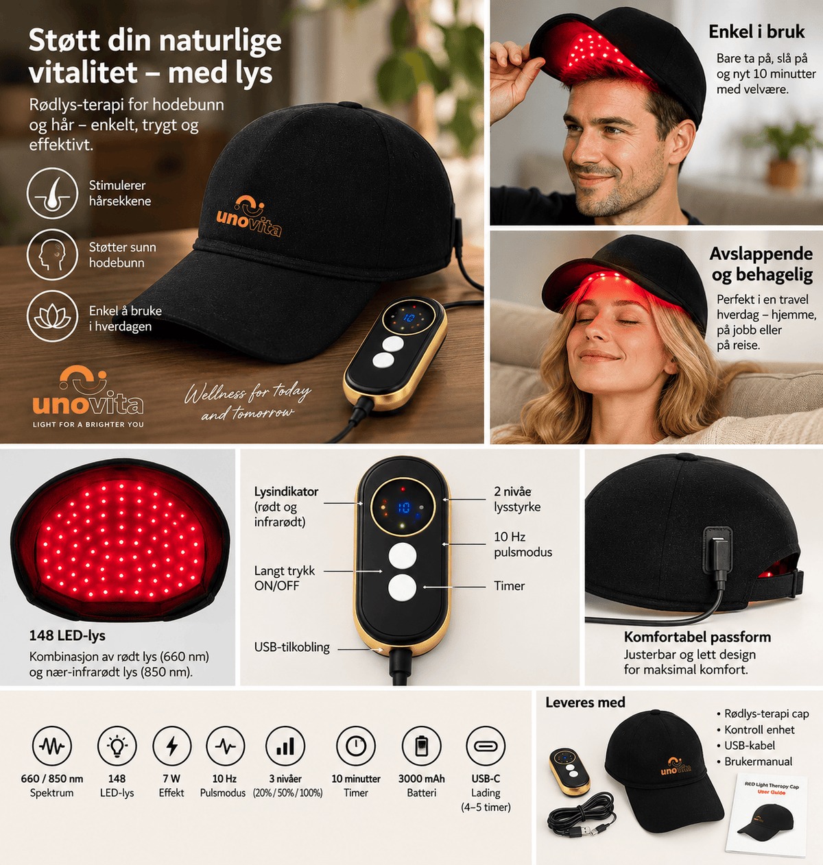 Uno Vita Red Light Therapy Cap (148 LEDs, 660/850 nm)