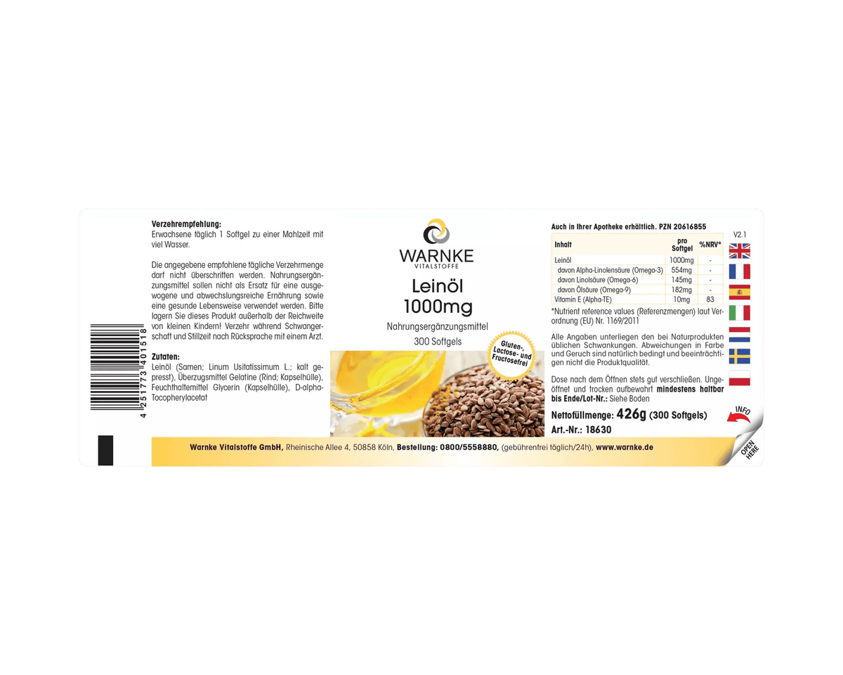 Flaxseed Oil 1000 mg - 300 softgels - with Vitamin E - for cell protection - Uno Vita AS
