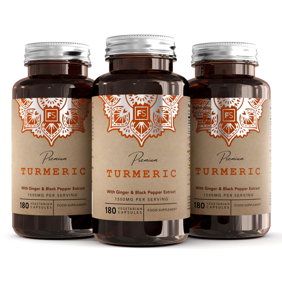 Tre brune flasker med vegetabilske kapsler, etikett med teksten "Premium Turmeric" og oransje detaljering.