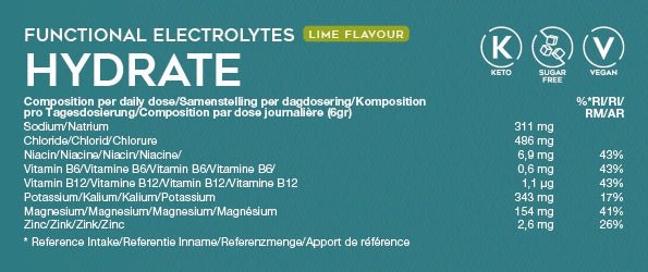Funksjonelt elektrolyttdrikkepulver med lime, sukkerfri, inneholder magnesium, kalium, natrium, klorid og B-vitaminer.