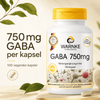 GABA 750 mg kapsler i en hvit beholder med gulttopp, med 100 veganske kapsler synlig i nærbilde.