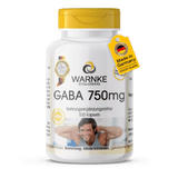 GABA 750 mg i hvit beholder med gulttopp, inneholder 100 veganske kapsler med 750 mg gamma-aminosmørsyre per kapsel.