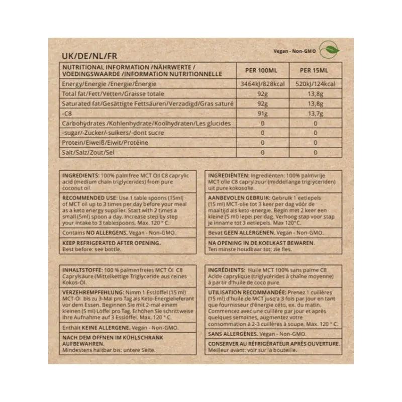 Næringsinnhold for GoKeto Bio MCT-olje (rent kokos) i papirformat, detaljer om ingredienser og anbefalt bruk.