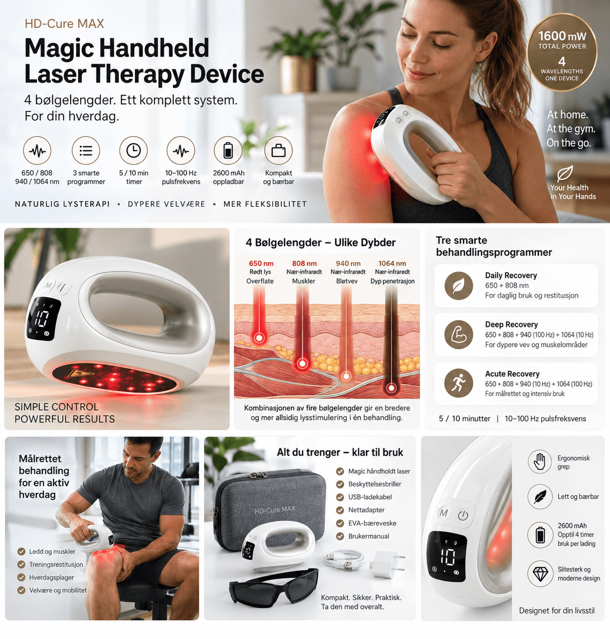 Magic Handheld Laser HD-Cure MAX oversikt med fire bølgelengder, programmer, tilbehør og bruk