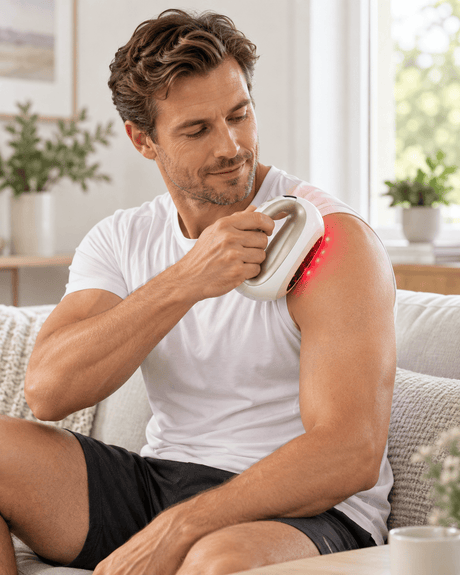 Magic Handheld Laser HD-Cure MAX brukt på skulder i et skandinavisk hjem