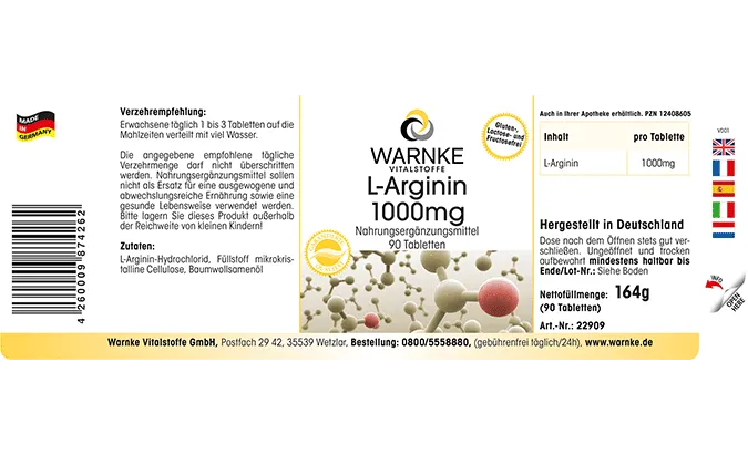 L-Arginine 1000 mg - 90 Tablets - Vegan