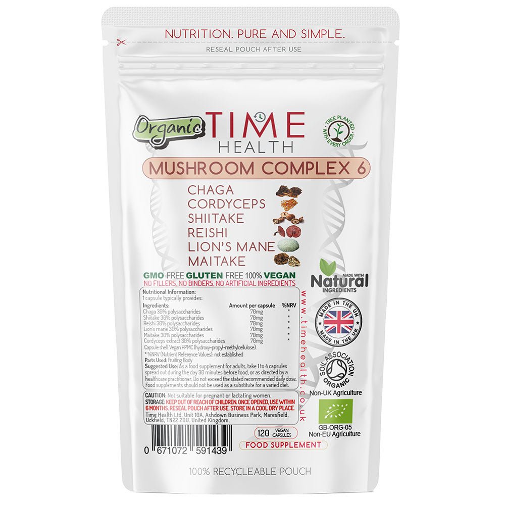 Mushroom Complex 6 – Chaga – Cordyceps – Shiitake – Reishi – Lion’s mane – Maitake (120) - Uno Vita AS
