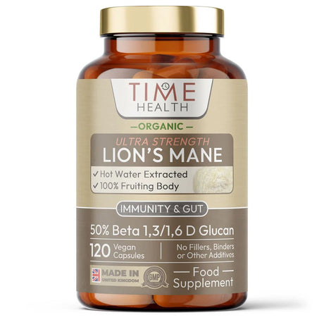 Økologisk Lion’s Mane Ultra Strength koffeinfritt kosttilskudd i glassflaske med gullfarget lokk, 120 veganske kapsler.