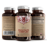Brune glassflasker med etikett som viser "Prostate Complex" med næringsinformasjon, inneholder 90 vegetarkapsler.