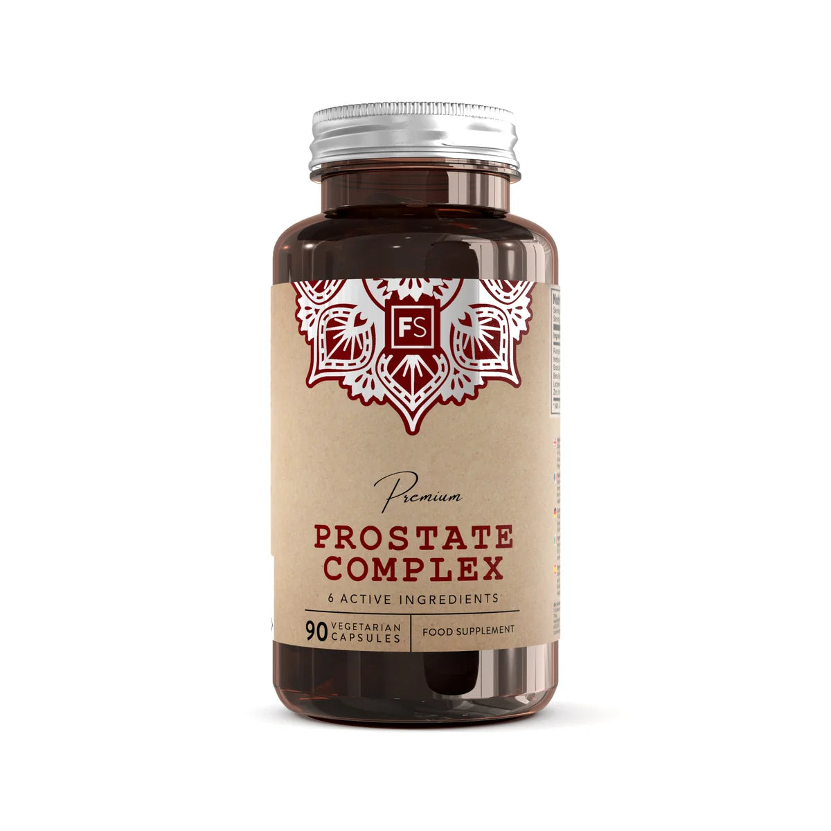 Brun plastflaske med etikett som viser "Prostate Complex" med røde detaljer og tekst om innholdet av kapsler.