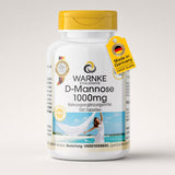 D-Mannose 1000 mg, 100 veganske tabletter i en hvit beholder med gult lokk og merke fra Warnke Vitalstoffe.