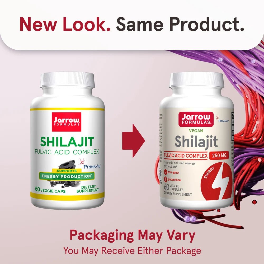Shilajit Fulvic Acid Complex, to flasker med veganske kapsler, en med gul etikett og en med rød etikett.