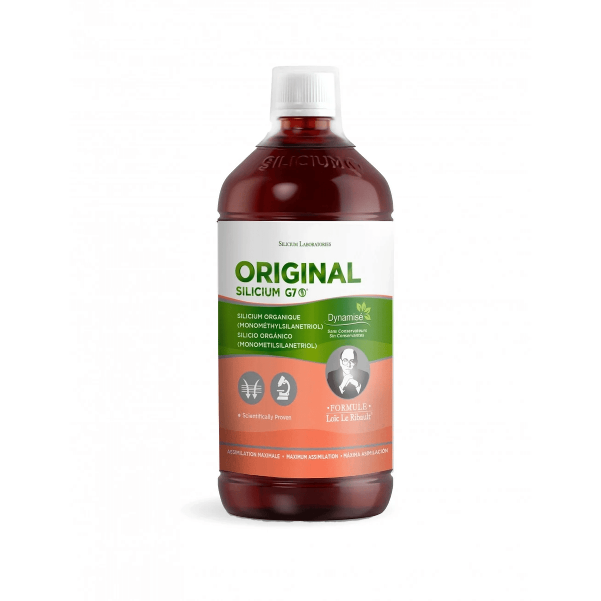 Flytende kosttilskudd Silicium G7 Original i 1000 ml flaske. Lett gulaktig væske med målebeger. Uten kunstige tilsetninger.