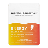 Wellnessplasterpakken fra The Patch Collection i lyse farger, med teksten "ENERGY ACTIVE BOOST" og 15 plaster.