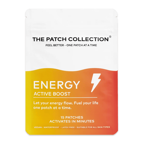 Wellnessplasterpakken fra The Patch Collection i lyse farger, med teksten "ENERGY ACTIVE BOOST" og 15 plaster.