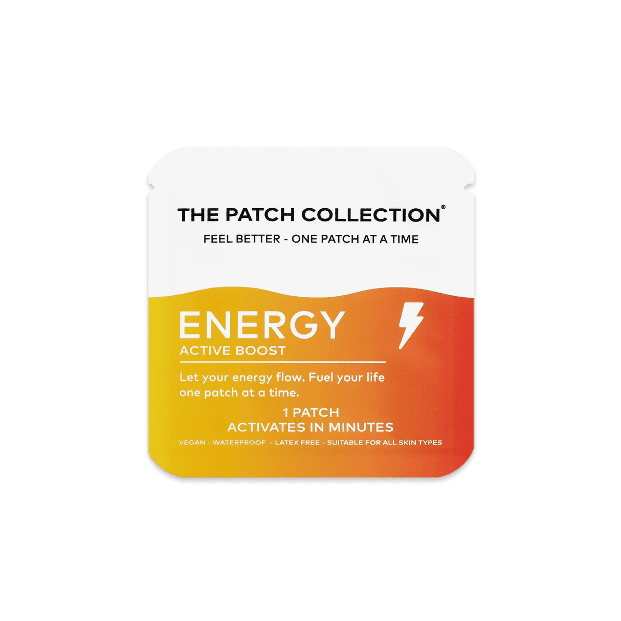 Kraftig farget pakke med wellnessplaster. Teksten "ENERGY ACTIVE BOOST" fremheves. Vegansk og vannbestandig.