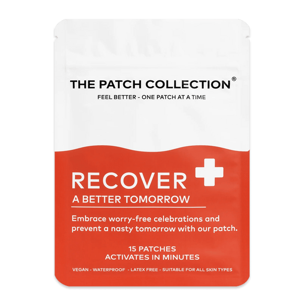 Rød og hvit pakke med teksten "Recover" og "15 plaster" tydelig utformet, angir produkttype og egenskaper.