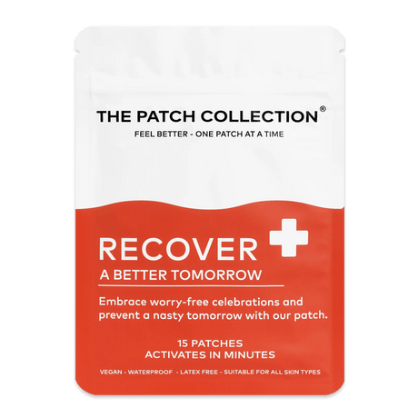 Rød og hvit pakke med teksten "Recover" og "15 plaster" tydelig utformet, angir produkttype og egenskaper.
