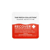 Kompakt emballasje med 15 Recover Patches, hvit og rød design, inneholder informasjon om vegan og vannbestandighet.