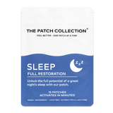 The Patch Collection Sleep Patches, hvit og blå emballasje med tekst om søvn og 15 plaster. Vannbestandig og vegansk.