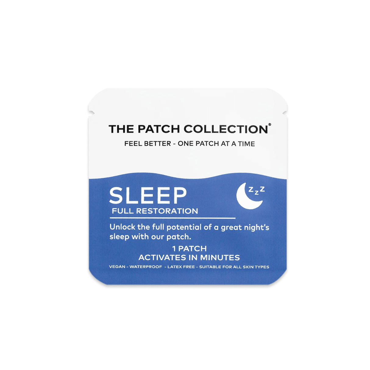 Søvnplaster fra The Patch Collection med blå emballasje, merket "SLEEP" og angivelse av vegan og lateksfritt.