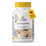 TopEnzym Plus kapsler med gul lokk, innhold: 50 DRcaps, omtaler enzymkombinasjon; glutenfri og laktosefri.