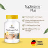 TopEnzym Plus kapsler med gultt lokk, 50 DRcaps med informasjon om dosering og ingredienser bakgrunn.
