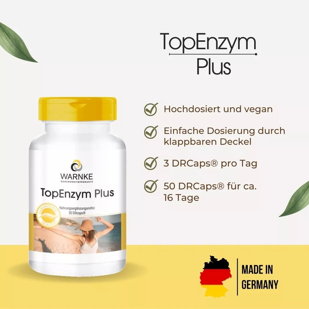 TopEnzym Plus kapsler med gultt lokk, 50 DRcaps med informasjon om dosering og ingredienser bakgrunn.