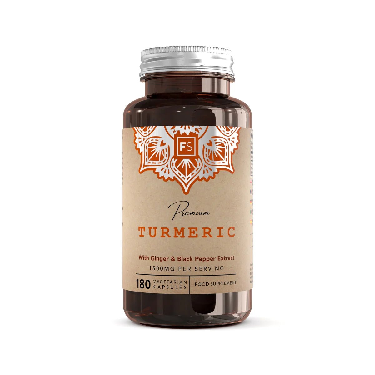 Vegetarisk kapselflaske med 180 kapsler. Etikett med navnet "Premium TURMERIC", kremfarget bakgrunn med oransje detaljer.