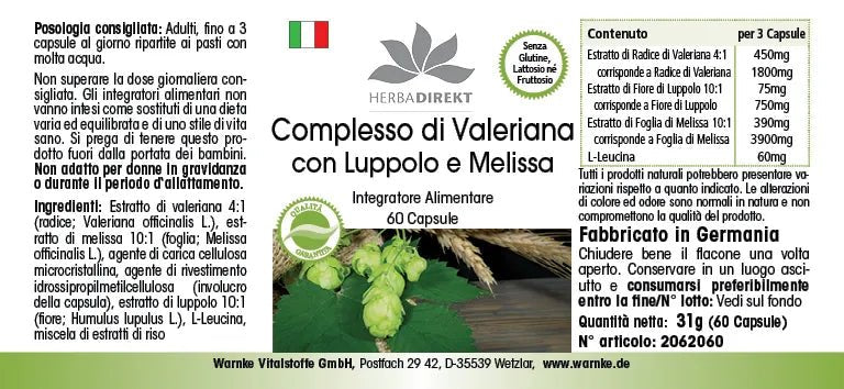 Baldrian Complex med humle og sitronmelisse i en boks med 60 lettsvelgelige veganske kapsler.